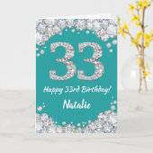 Happy 33rd Birthday Blauwgroen en Silver Glitter C Kaart (Gele Bloem)