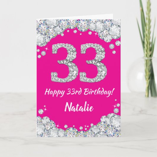 Happy 33rd Birthday Hot Pink Silver Glitter Kaart (Voorkant)