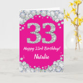 Happy 33rd Birthday Hot Pink Silver Glitter Kaart (Gele Bloem)