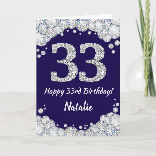 Happy 33rd Birthday Navy Blue en Silver Glitter Kaart (Voorkant)