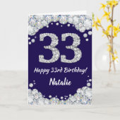 Happy 33rd Birthday Navy Blue en Silver Glitter Kaart (Gele Bloem)