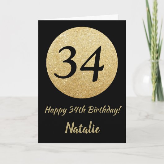 Happy 34th Birthday Black en Gold Glitter Card Kaart (Voorkant)
