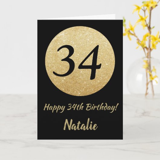 Happy 34th Birthday Black en Gold Glitter Card Kaart (Gele Bloem)