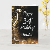 Happy 34th Birthday Black en Gold Glitter Wine Kaart (Gele Bloem)