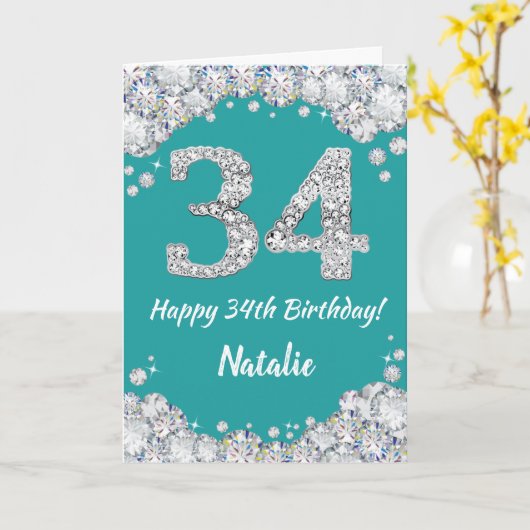 Happy 34th Birthday Blauwgroen en Silver Glitter C Kaart (Gele Bloem)