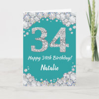 Happy 34th Birthday Blauwgroen en Silver Glitter C