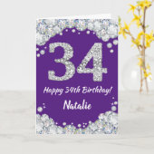Happy 34th Birthday Paars en Silver Glitter Card Kaart (Gele Bloem)