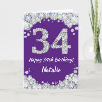 Happy 34th Birthday Paars en Silver Glitter Card
