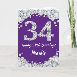Happy 34th Birthday Paars en Silver Glitter Card Kaart
