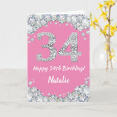 Happy 34th Birthday Pink en Silver Glitter Card Kaart (Gele Bloem)
