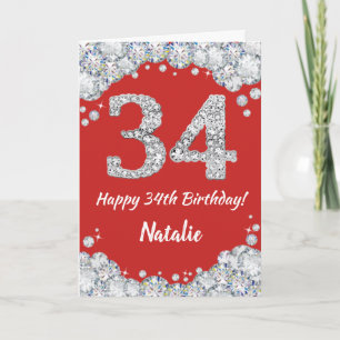 Happy 34th Birthday Red en Silver Glitter Card Kaart
