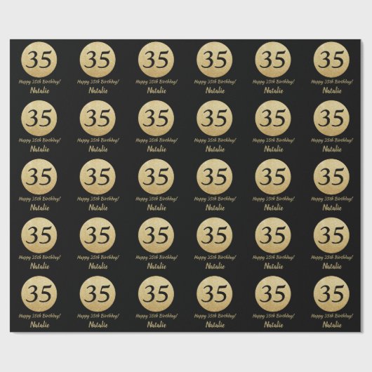 Happy 35th Birthday Black en Gold Glitter Cadeaupapier (Vlak)