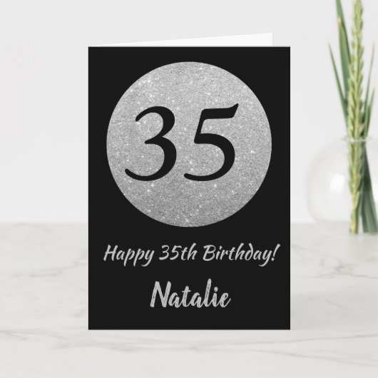 Happy 35th Birthday Black en Silver Glitter Card Kaart (Voorkant)