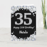 Happy 35th Birthday Black en Silver Glitter Card