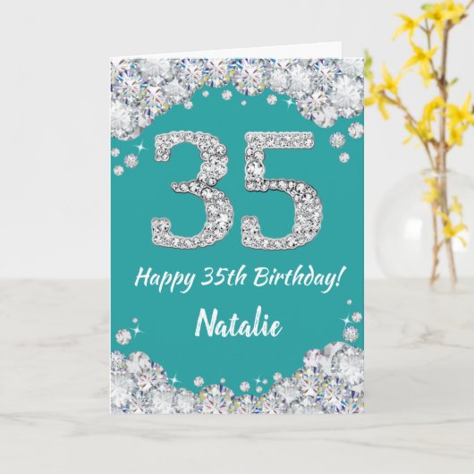 Happy 35th Birthday Blauwgroen en Silver Glitter C Kaart (Gele Bloem)