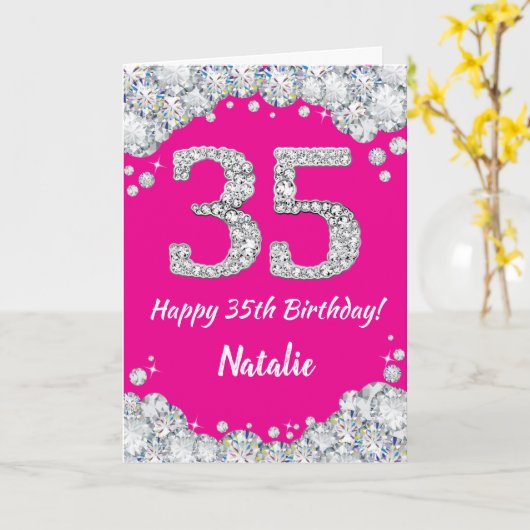 Happy 35th Birthday Hot Pink en Silver Glitter Kaart (Gele Bloem)