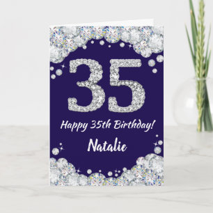 Happy 35th Birthday Navy Blue en Silver Glitter Kaart