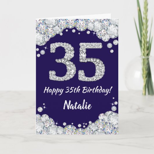 Happy 35th Birthday Navy Blue en Silver Glitter Kaart (Voorkant)