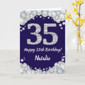 Happy 35th Birthday Navy Blue en Silver Glitter Kaart (Gele Bloem)