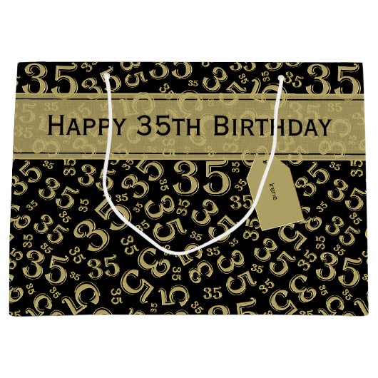 Happy 35th Birthday Number Pattern Black/Gold Groot Cadeauzakje (Voorkant)