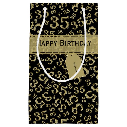 Happy 35th Birthday Number Pattern Black/Gold Klein Cadeauzakje (Voorkant)