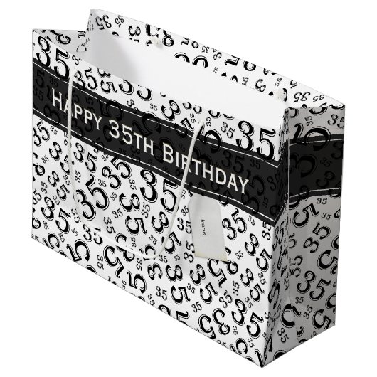 Happy 35th Birthday Number Pattern Black/White Groot Cadeauzakje (Voorkant Gekanteld)
