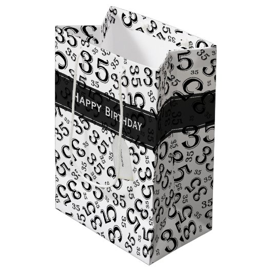 Happy 35th Birthday Number Pattern Black/White Medium Cadeauzakje (Voorkant Gekanteld)