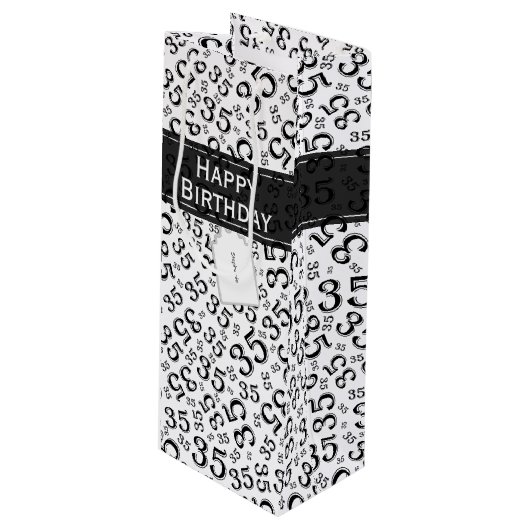 Happy 35th Birthday Number Pattern Black/White Wijn Cadeautas (Voorkant Gekanteld)
