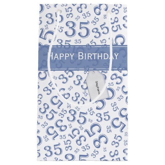 Happy 35th Birthday Number Pattern Blue/White Klein Cadeauzakje (Voorkant)