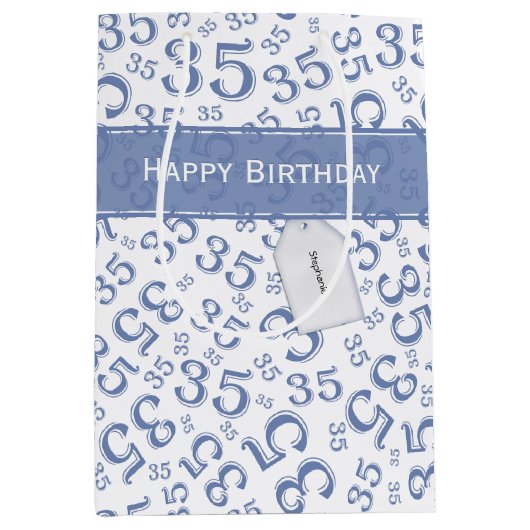 Happy 35th Birthday Number Pattern Blue/White Medium Cadeauzakje (Voorkant)