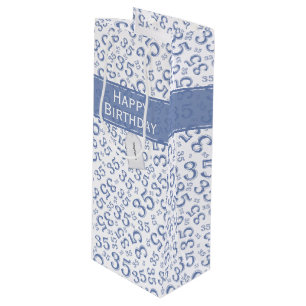 Happy 35th Birthday Number Pattern Blue/White Wijn Cadeautas