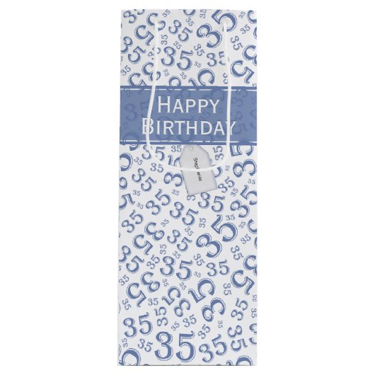 Happy 35th Birthday Number Pattern Blue/White Wijn Cadeautas (Voorkant)