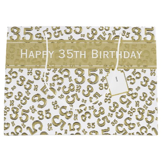 Happy 35th Birthday Number Pattern Gold/White Groot Cadeauzakje (Voorkant)