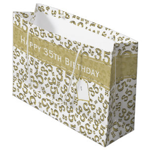 Happy 35th Birthday Number Pattern Gold/White Groot Cadeauzakje
