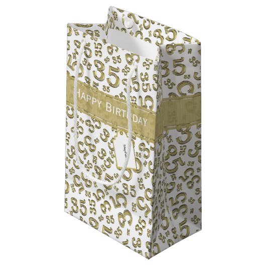 Happy 35th Birthday Number Pattern Gold/White Klein Cadeauzakje (Voorkant Gekanteld)