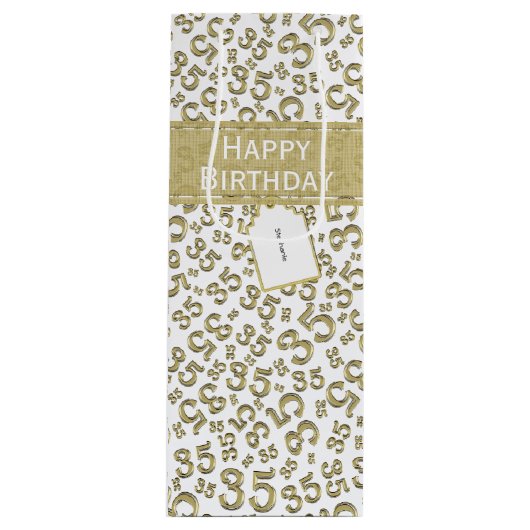 Happy 35th Birthday Number Pattern Gold/White Wijn Cadeautas (Voorkant)