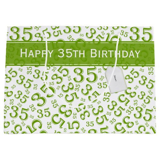 Happy 35th Birthday Number Pattern Green/White Groot Cadeauzakje (Voorkant)