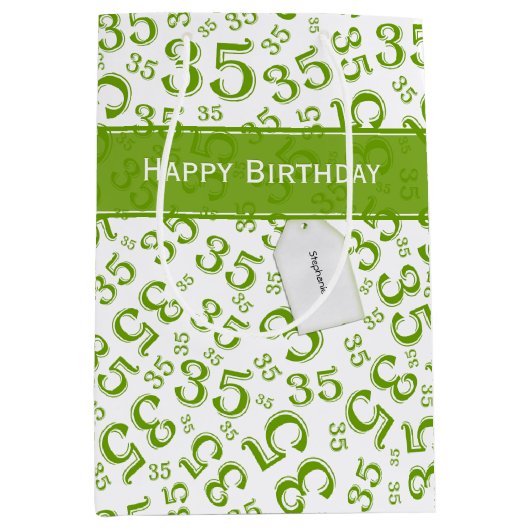 Happy 35th Birthday Number Pattern Green/White Medium Cadeauzakje (Voorkant)