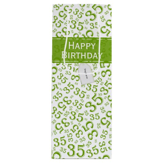 Happy 35th Birthday Number Pattern Green/White Wijn Cadeautas (Voorkant)