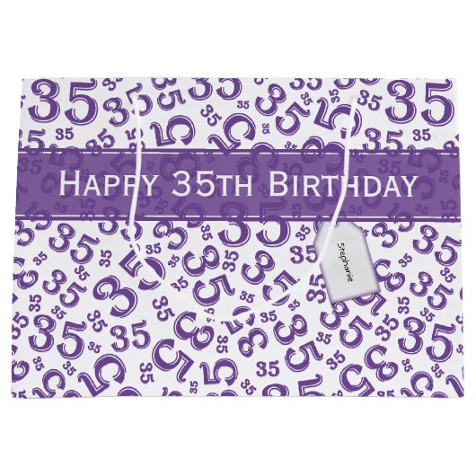 Happy 35th Birthday Number Pattern Paars/White Groot Cadeauzakje (Voorkant)