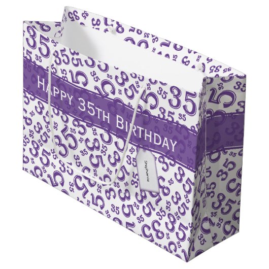 Happy 35th Birthday Number Pattern Paars/White Groot Cadeauzakje (Voorkant Gekanteld)