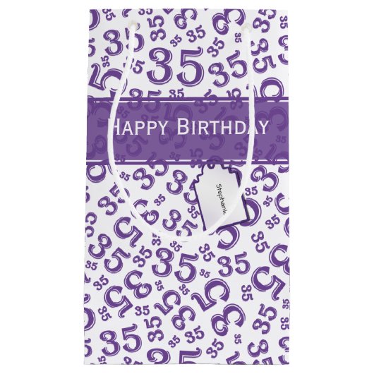 Happy 35th Birthday Number Pattern Paars/White Klein Cadeauzakje (Voorkant)