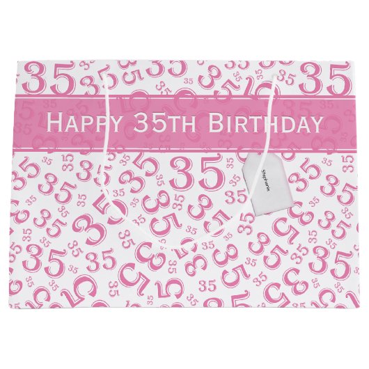 Happy 35th Birthday Number Pattern Pink/White Groot Cadeauzakje (Voorkant)