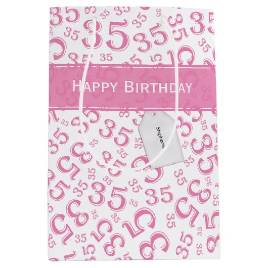 Happy 35th Birthday Number Pattern Pink/White Medium Cadeauzakje (Voorkant)