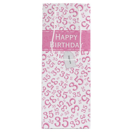 Happy 35th Birthday Number Pattern Pink/White Wijn Cadeautas (Voorkant)