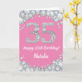 Happy 35th Birthday Pink en Silver Glitter Card Kaart (Gele Bloem)