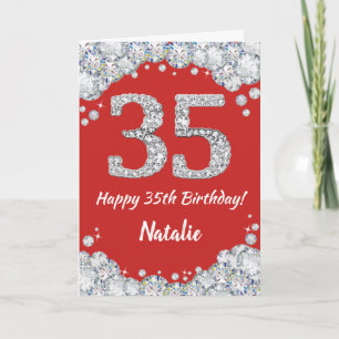Happy 35th Birthday Red en Silver Glitter Card Kaart