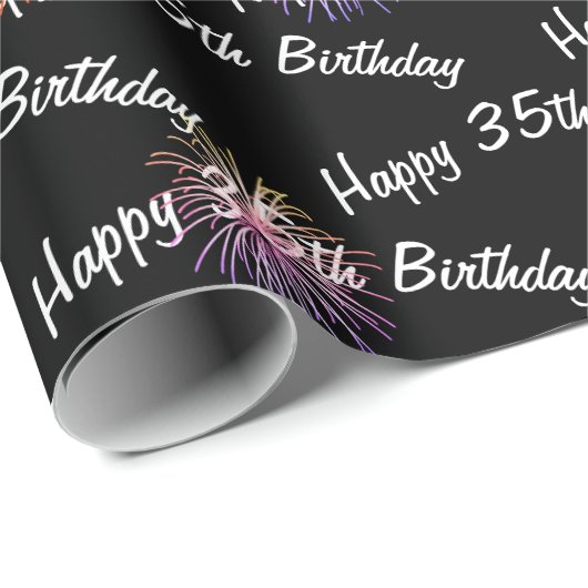 Happy 35th Birthday vuurwerk op zwart Cadeaupapier (Rol Hoek)