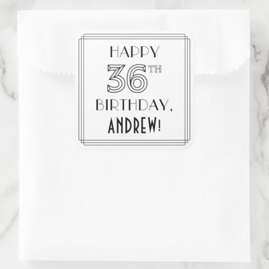 HAPPY 36TH BIRTHDAY, Art Deco Style, aangepaste na Vierkante Sticker (Tas)