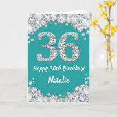 Happy 36th Birthday Blauwgroen en Silver Glitter C Kaart (Gele Bloem)